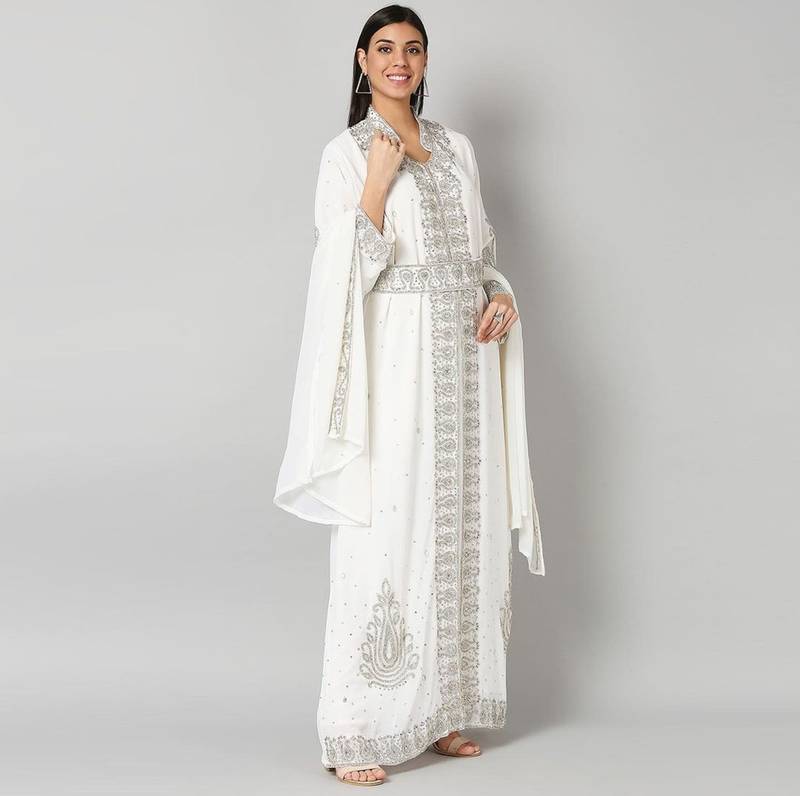 High Collar Bridal Abaya Kaftan - White