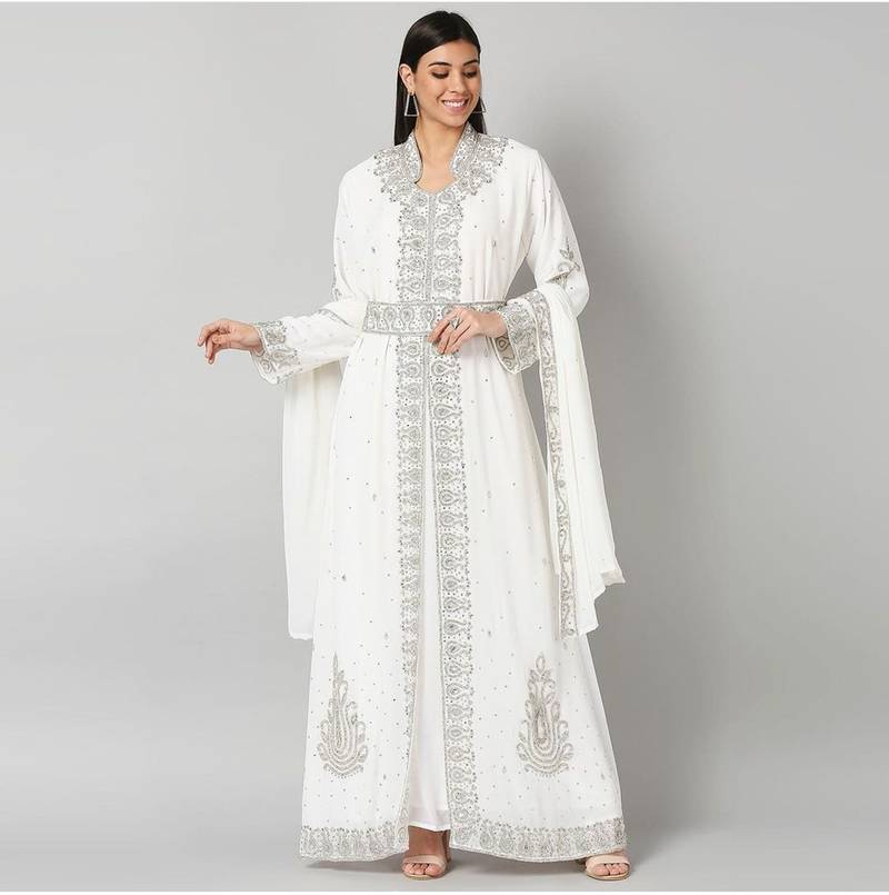 High Collar Bridal Abaya Kaftan - White