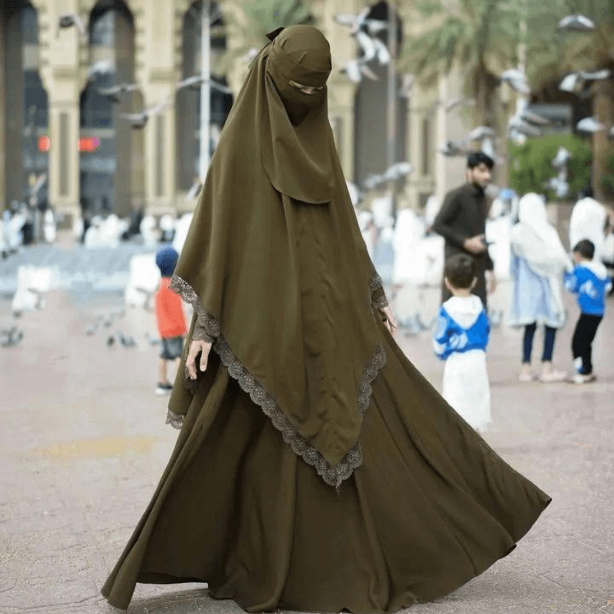 Premium Lace Ribbon Hijab - Army Green