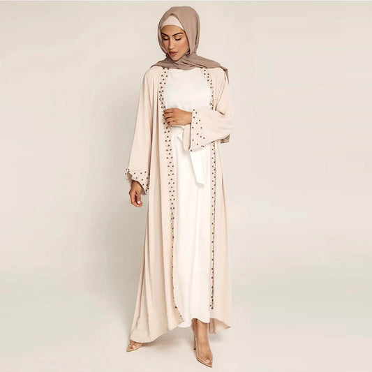 Beadwork Cardigan Open Abaya - Creme