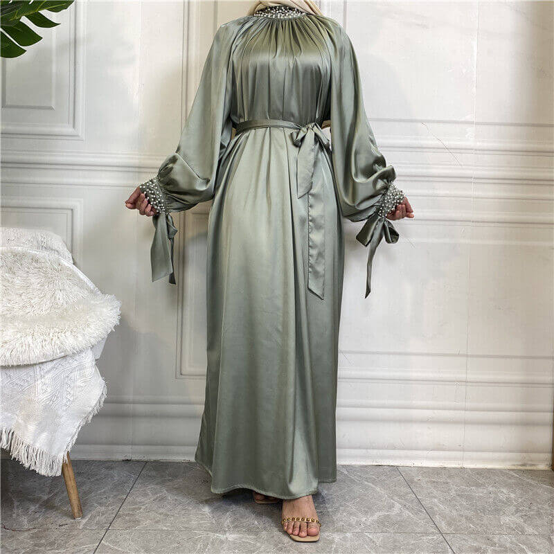 Pearl Elegance Satin Abaya - Mint