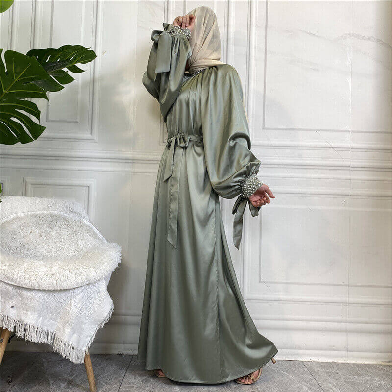 Pearl Elegance Satin Abaya - Mint